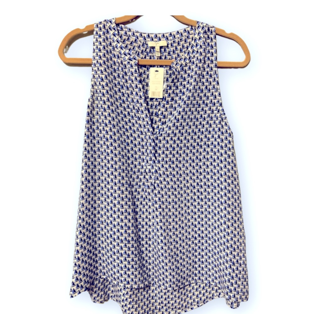 JOIE Blue/White Aruna Silk Sailboat-print Sleeveless Blouse Top~M